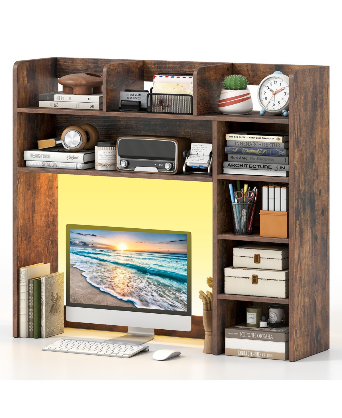 Gymax 5-Tier Desktop Shelf with Rgb Light Strip 35.5 Inch Desktop Bookshelf with 3 Shelves - Brown