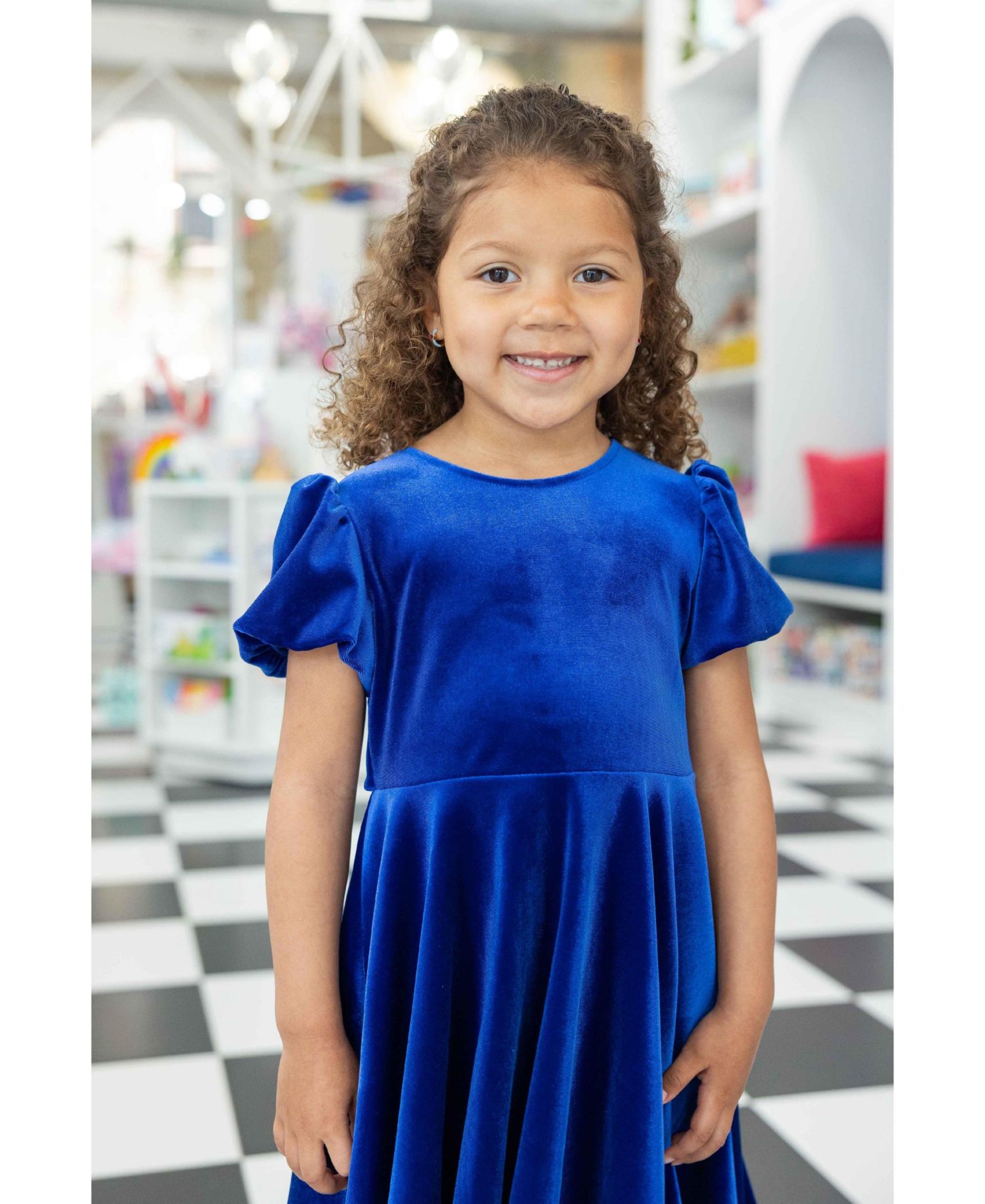 Girls' 7-16 Bubble-Sleeve Stretch Velvet Dress