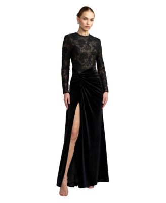 Petite Floral-Print Long-Sleeve Ruched Lace and Velvet Gown