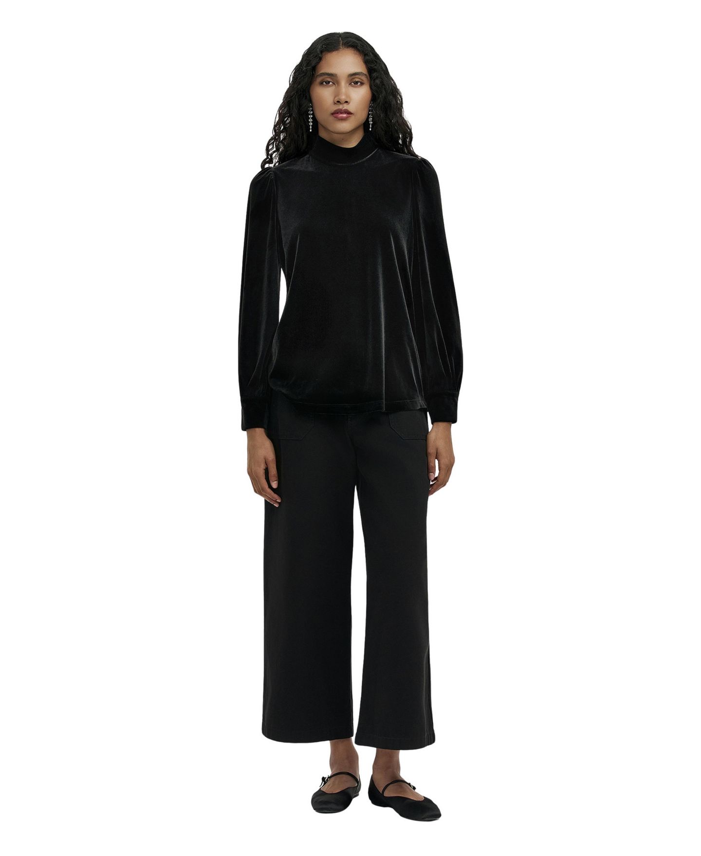 Женская блузка Finery London Clementine Velvet Balloon-Sleeve High-Neck, цвет: Чёрный — фото 2