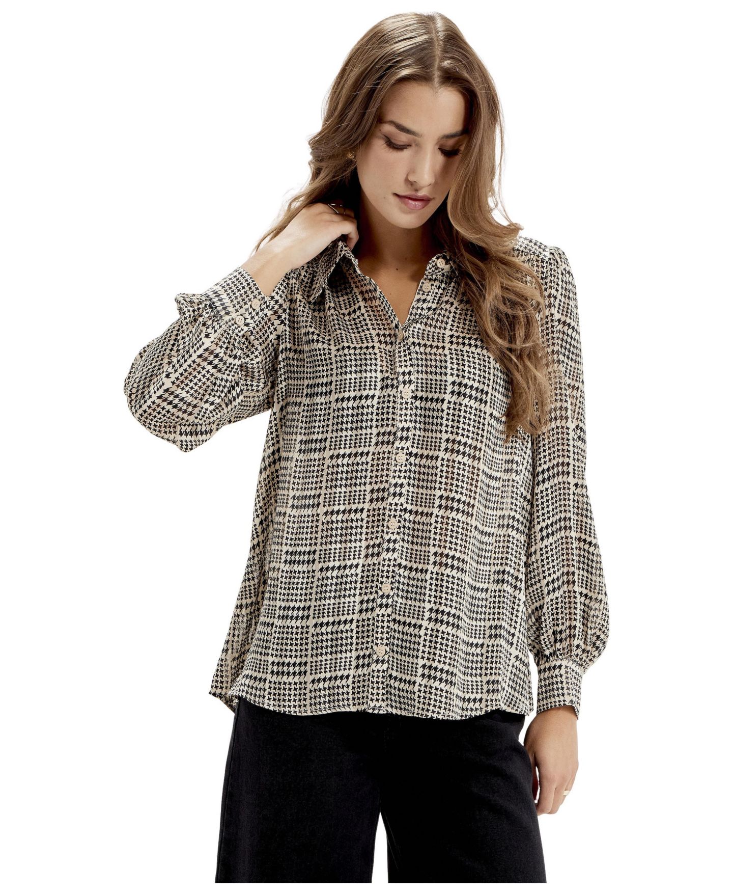 Женская блузка Finery London Melina Long Sleeve Chiffon, цвет: Бежевая гусиная лапка — фото 3