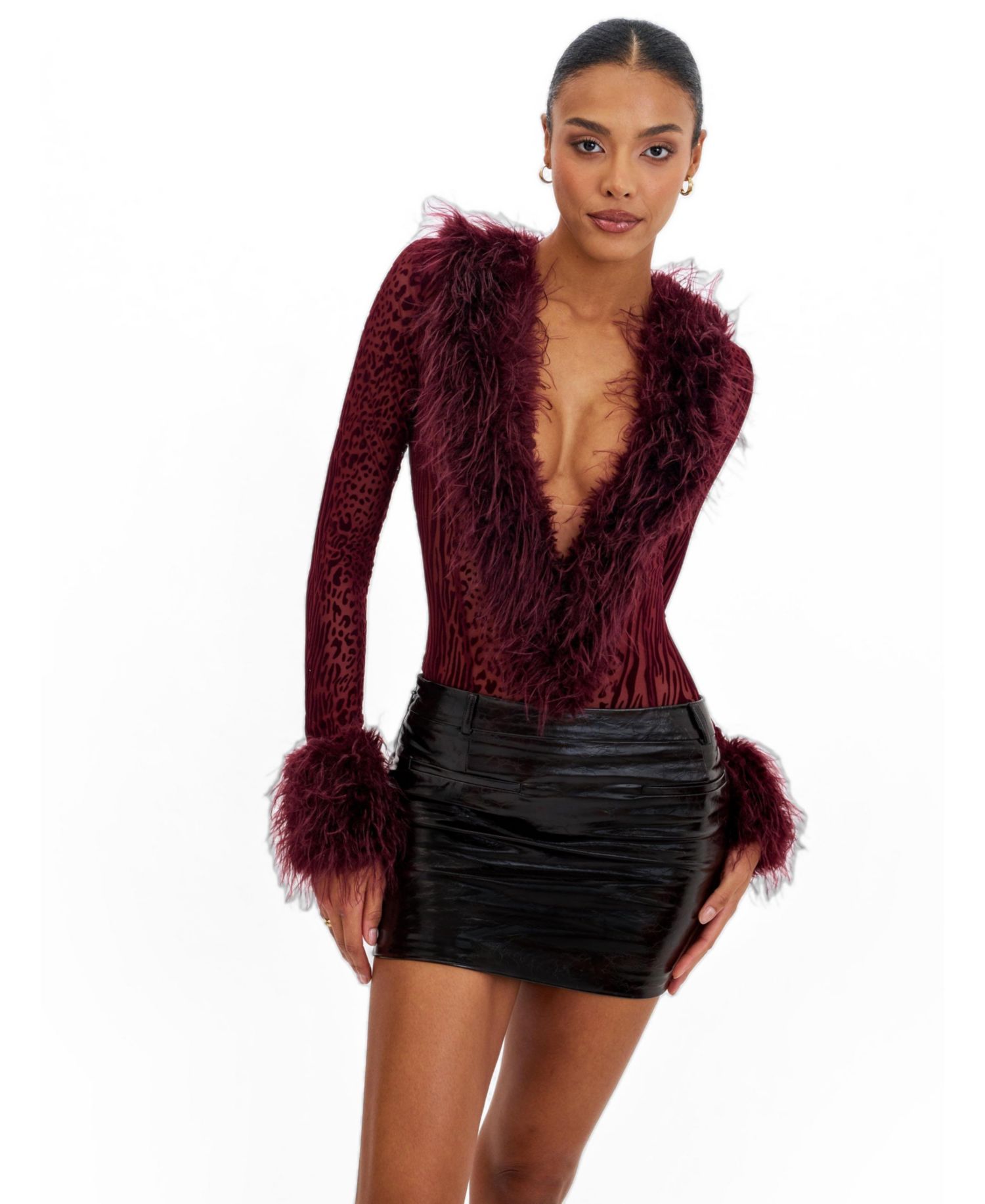 Women Valene Burgundy Burnout Velvet Fur-Trim Bodysuit