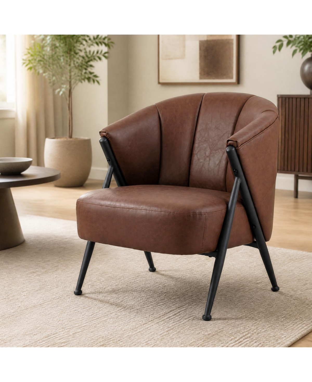 Costway Mid Century Accent Chair with Curved Backrest, Wide Seat, Pu Upholstery - Brown
