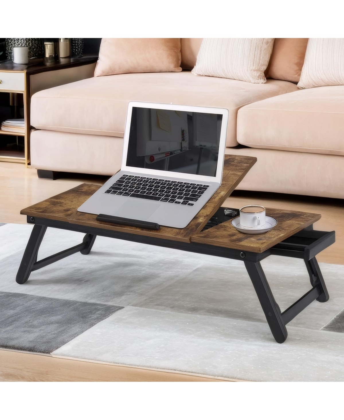 SongmicsHome Lap Desk, Adjustable Bamboo and Mdf Laptop Stand for Bed, Foldable Bed Tray Table