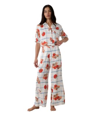 Women's High-Rise Short-Sleeve Button-Down Top and Pant, 2-Piece Set