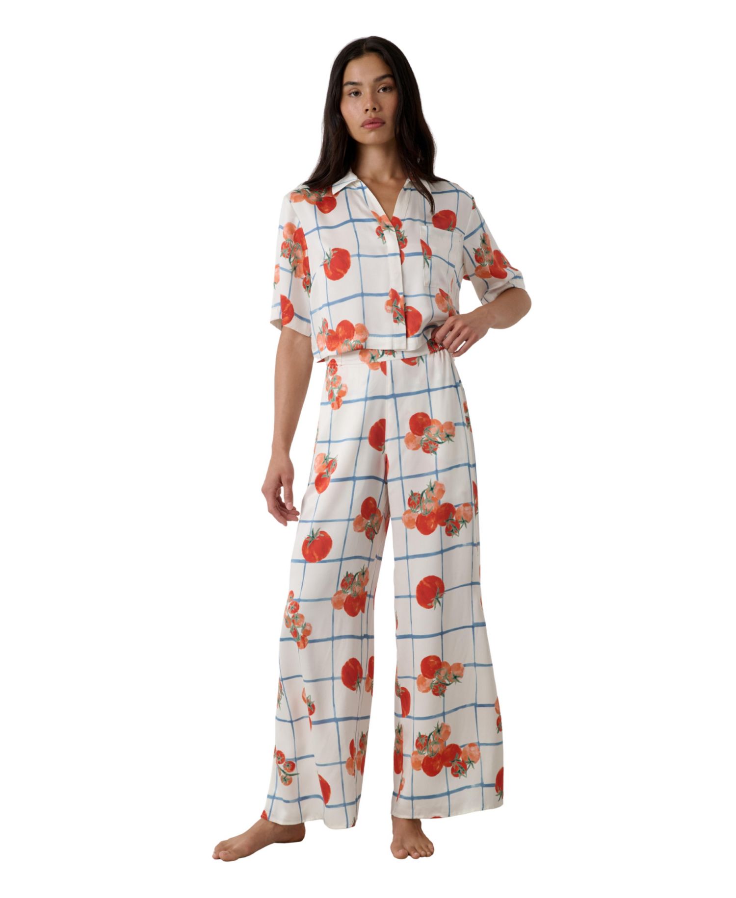 Women's High-Rise Short-Sleeve Button-Down Top and Pant, 2-Piece Set