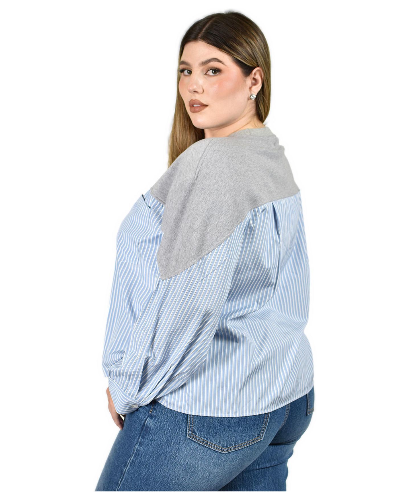 Женская блузка Roman Fashion Plus Size Long-Sleeve Crewneck Colorblock Striped, цвет: Синий — фото 4