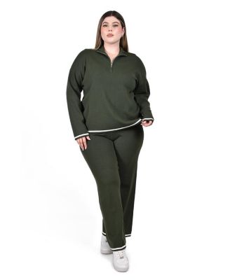 Plus Size Knit Mock-Neck Zipper-Closure Sweater and Pants, 2-Piece Set