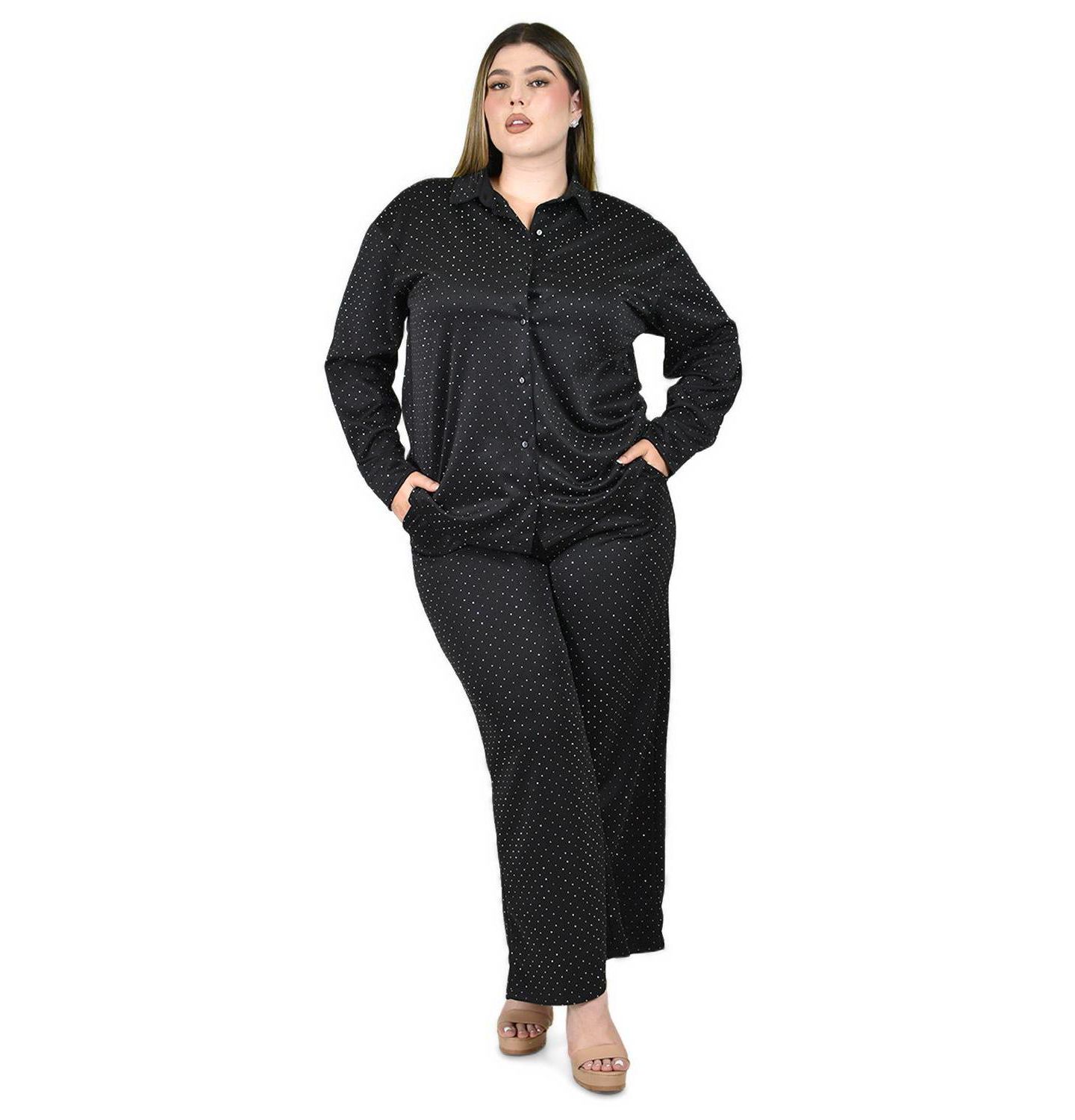 Женский комплект Roman Fashion Plus Size Polka-Dot Glitter Elastic-Waist Shirt and Wide-Leg Pants, 2-Piece Set, цвет: Чёрный — фото 1