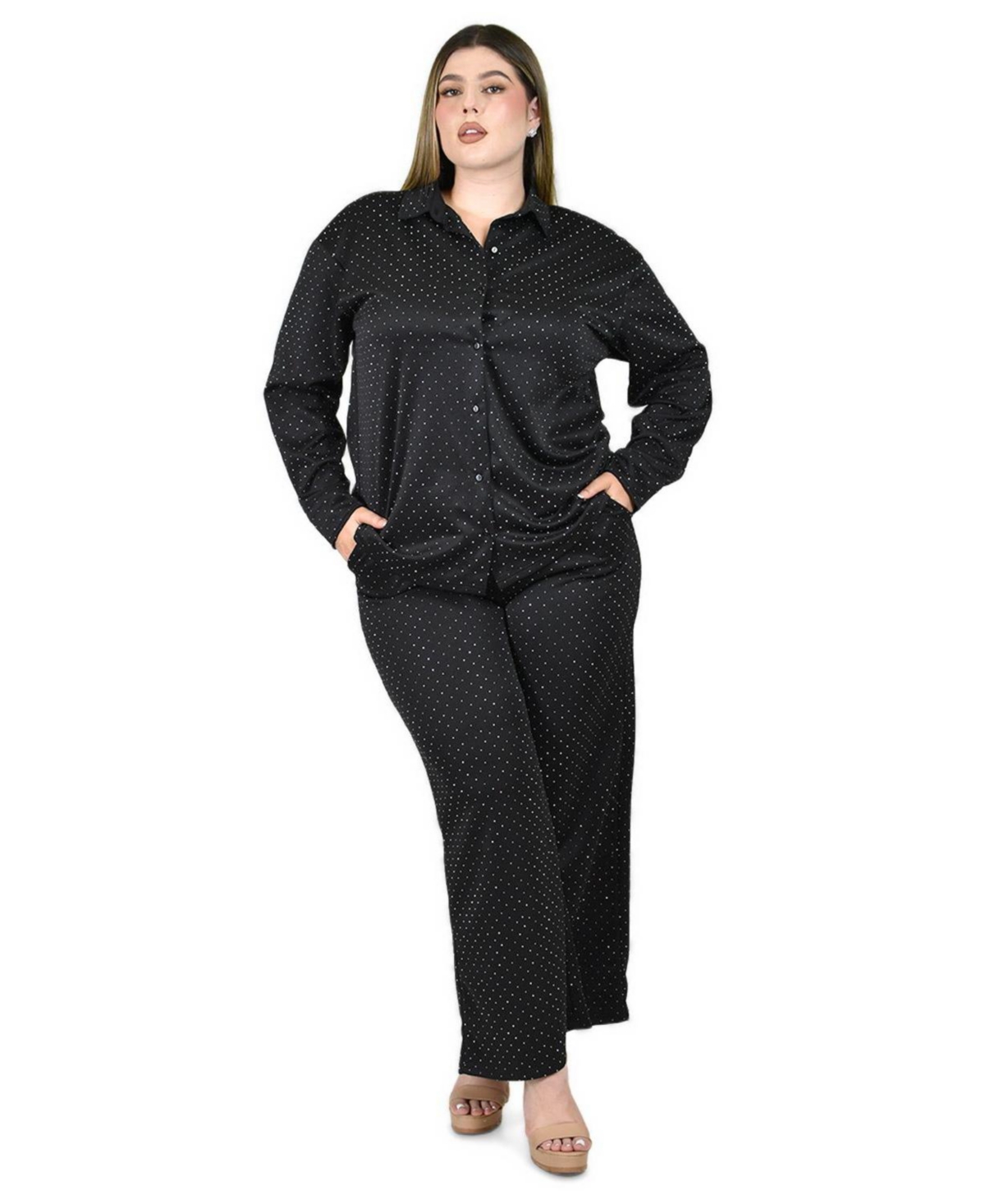 Roman Fashion Plus Size Polka-Dot Glitter Elastic-Waist Shirt and Wide-Leg Pants, 2-Piece Set - Black