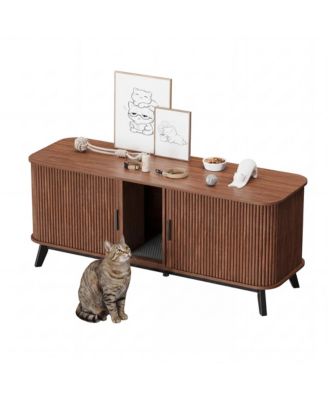 Hidden Cat Litter Box Enclosure Furniture, Double-Room Litter Box Cabinet with Sliding Door - Dog-Proof - Odor Control