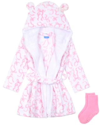 Baby Girls' Bow-Print Sherpa Hooded Robe and Socks, 2-Piece Set