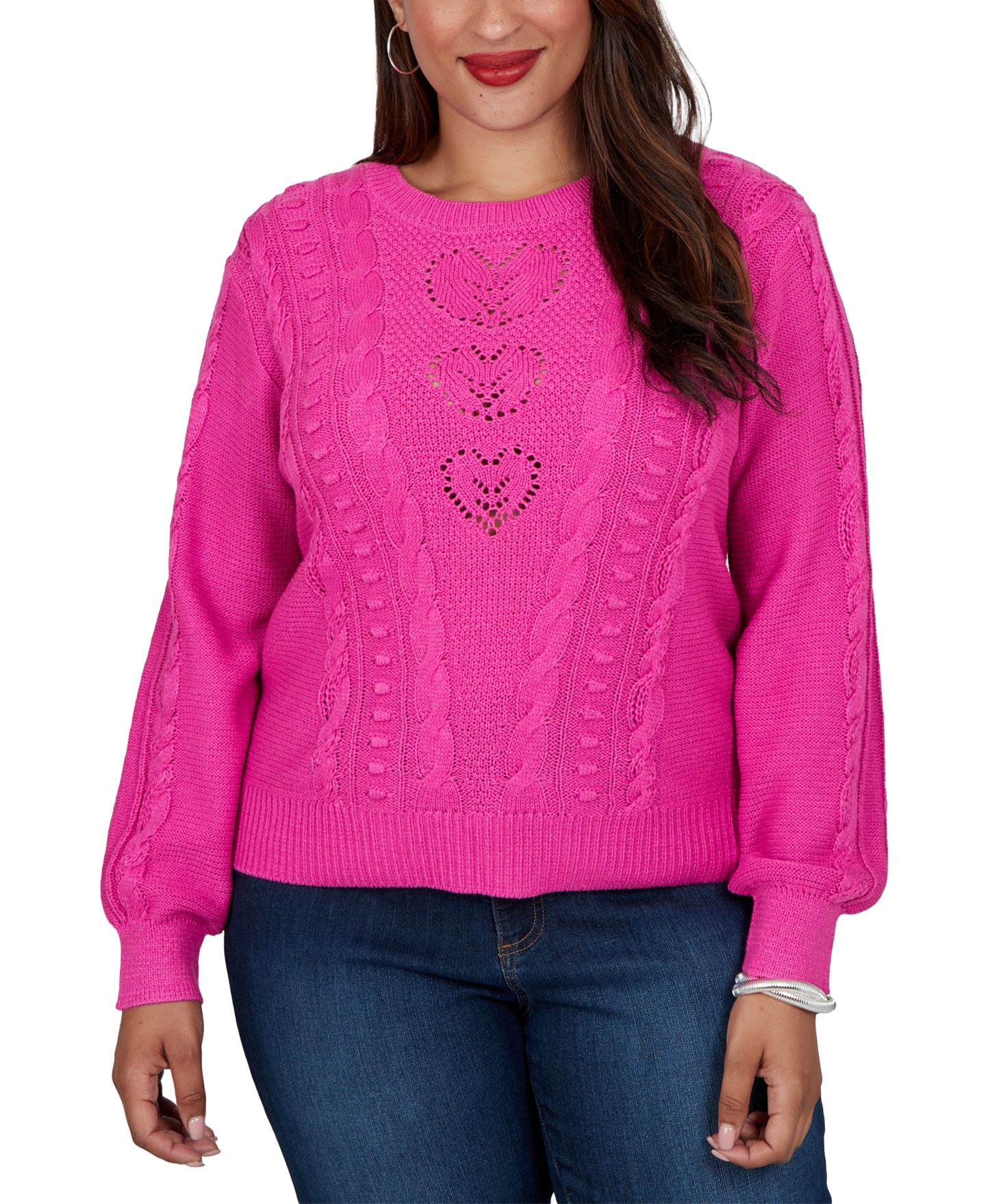 Женский свитер Ruby Rd. Plus Size Cable-Knit Heart Pullover, цвет: Фуксия — фото 1