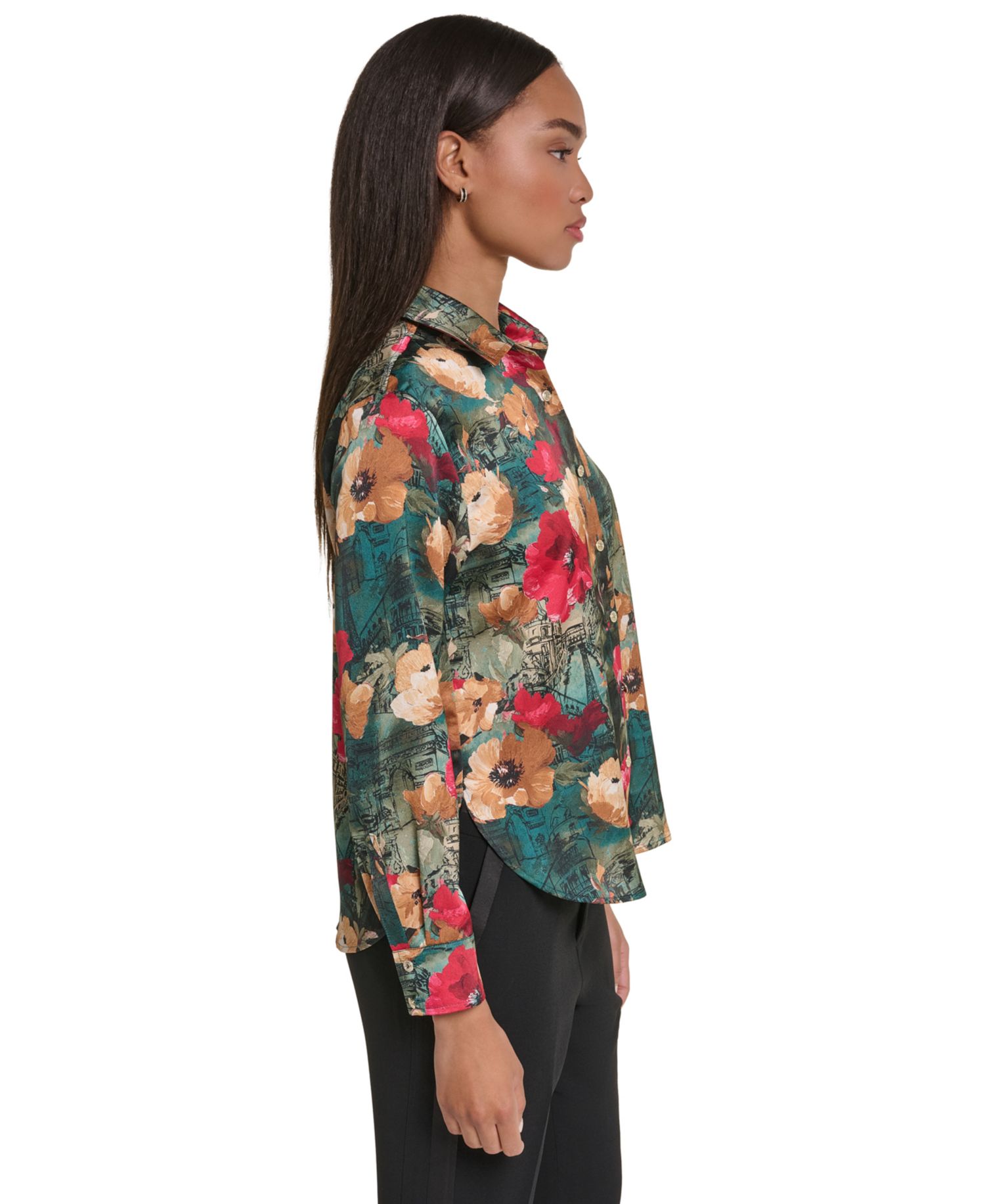 Petite Satin Floral Long-Sleeve Blouse