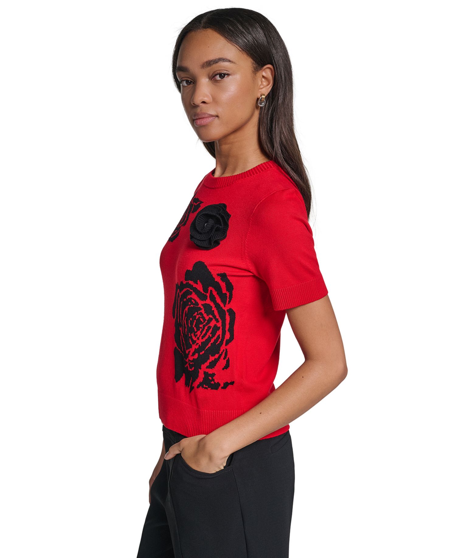 Petite All Over Rose Floral Crewneck Short-Sleeve Sweater