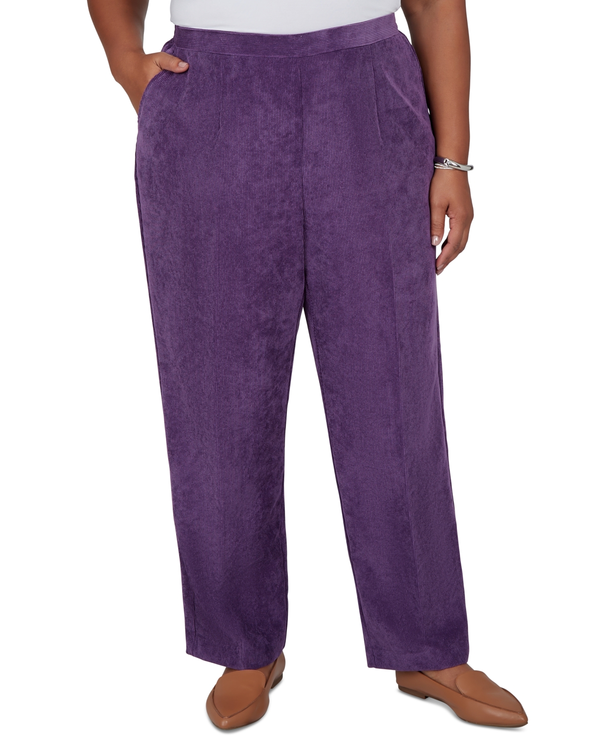 Alfred Dunner Plus Size Copenhagen Corduroy Straight Elastic Waist Pants - Amthyst