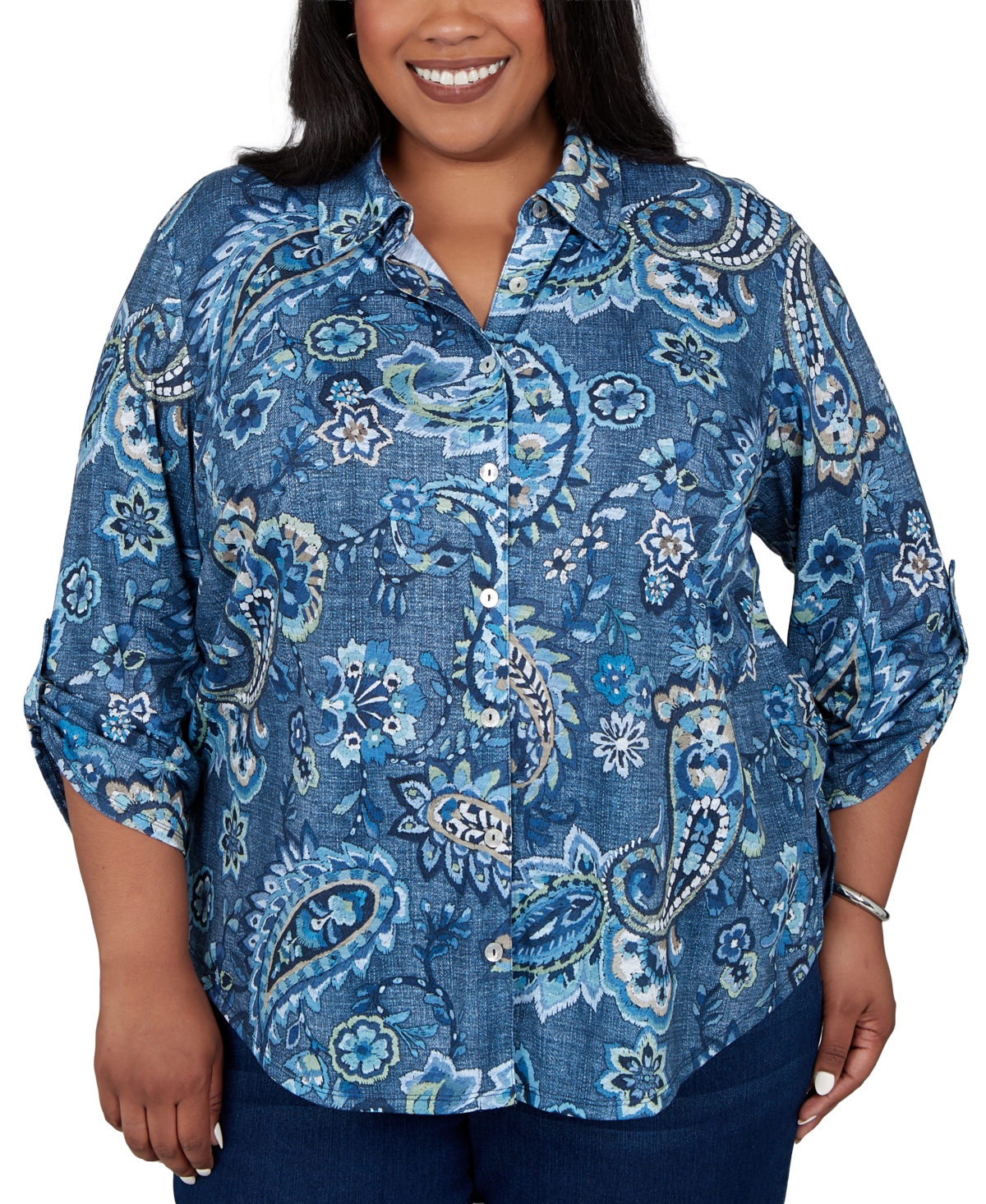 Alfred Dunner Plus Size Collared 3/4-Sleeve Paisley Top - Blue Multi