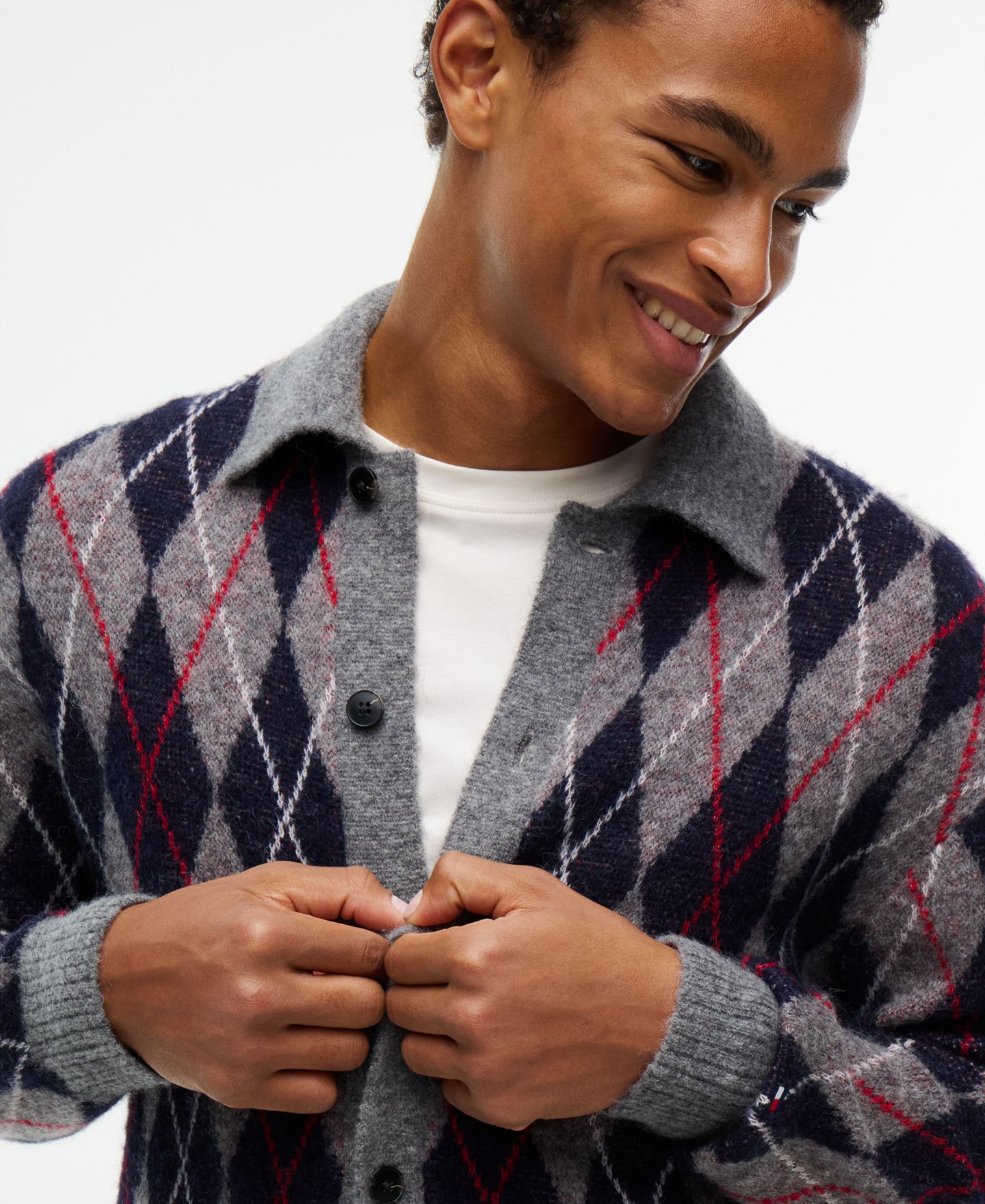Мужской кардиган Tommy Hilfiger с воротником, аргайл, из смеси с альпакой, цвет: Средний серый меланжевый — фото 3
