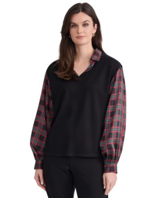 Women's Serenity Long-Sleeve Drop-Shoulder Plaid-Print Blouse