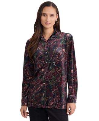 Women's Long Sleeve Button Down Velvet Side-Slit Tunic