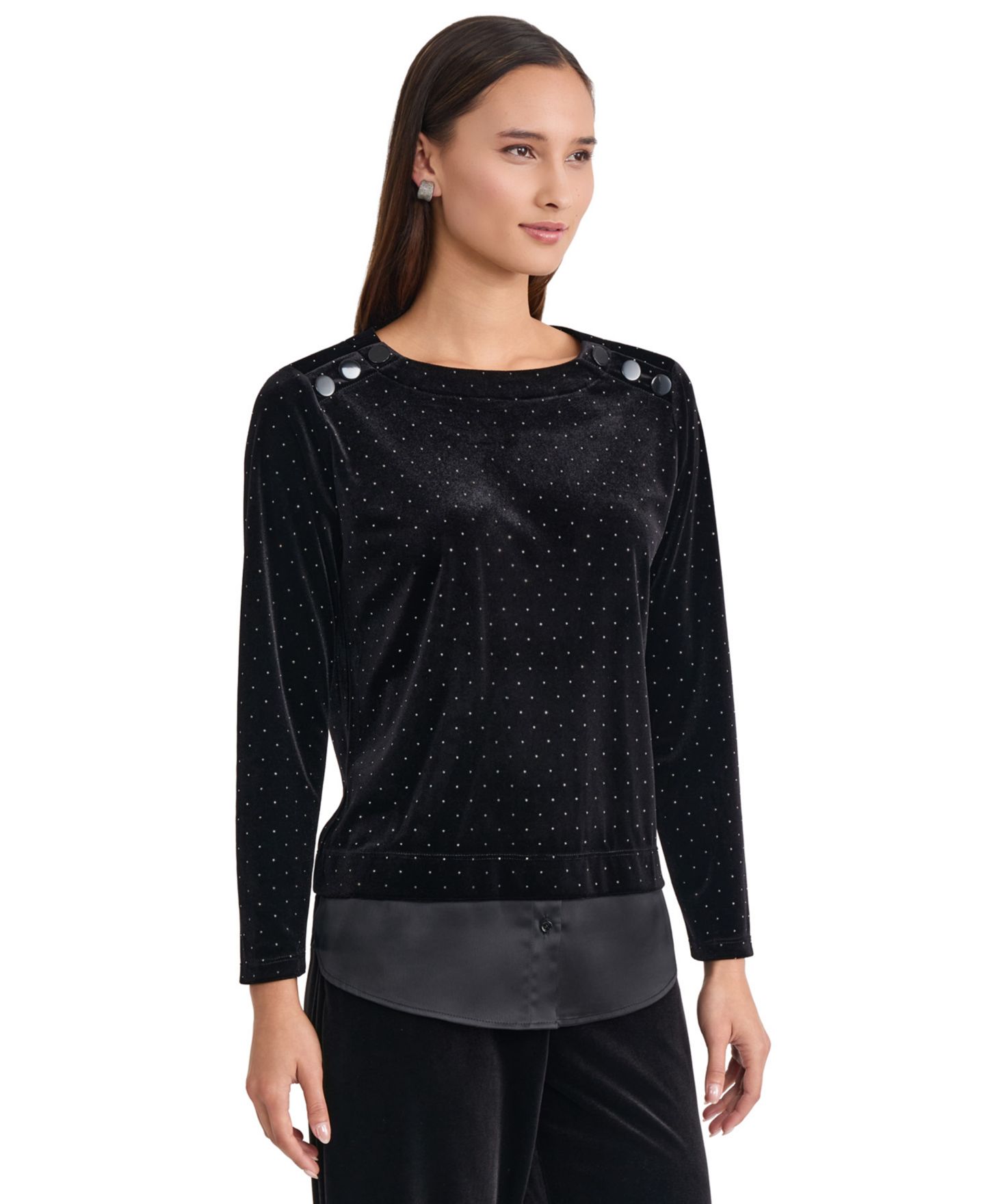 Женская блузка Jones New York Button-Shoulder Polka-Dot Long-Sleeve, цвет: Чёрный — фото 2