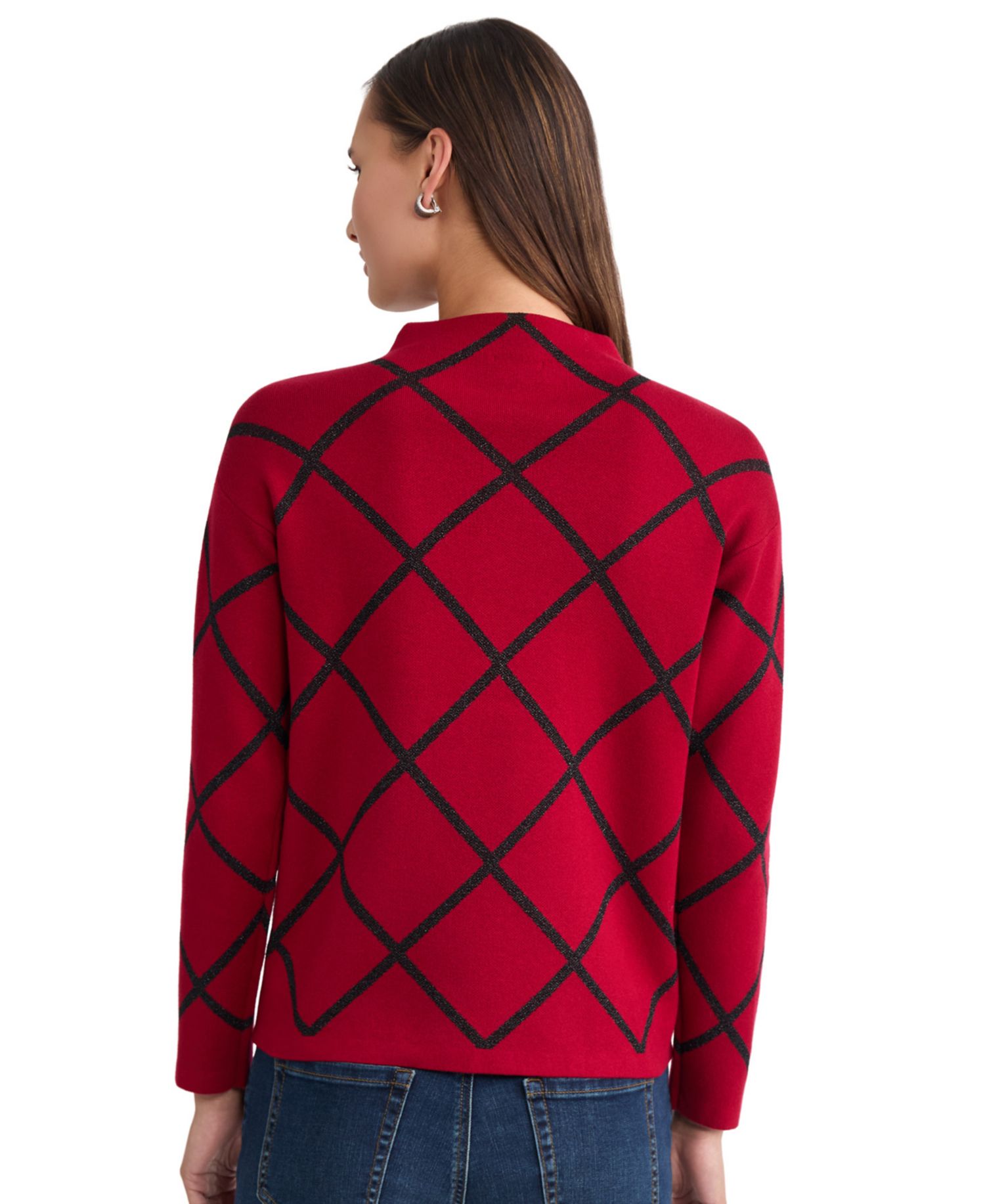 Women's Lurex Diamond Mock Neck Long-Sleeve Sweater