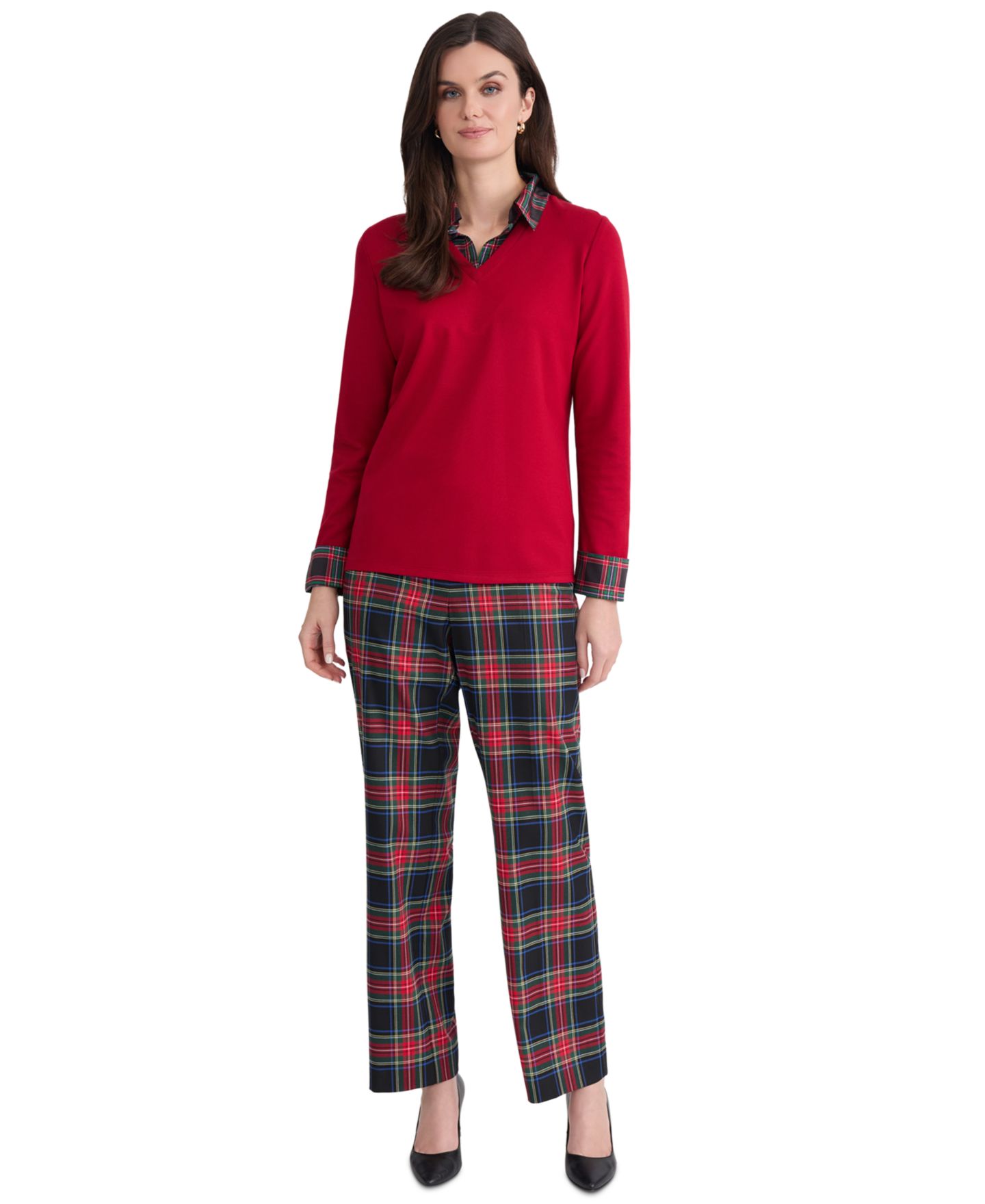 Женская блузка Jones New York Serenity Long-Sleeve Plaid Layered-Look, цвет: Красный — фото 2