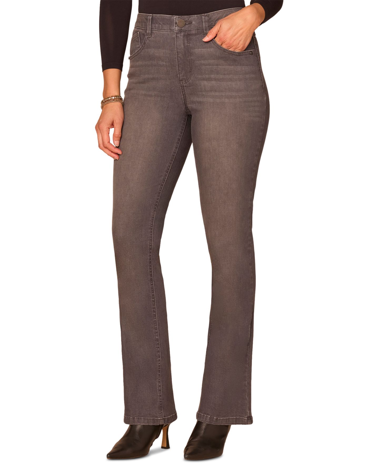 Женские джинсы Democracy Petite "Ab"Solution® High-Rise Rhinestone Bootcut, цвет: Серый — фото 1