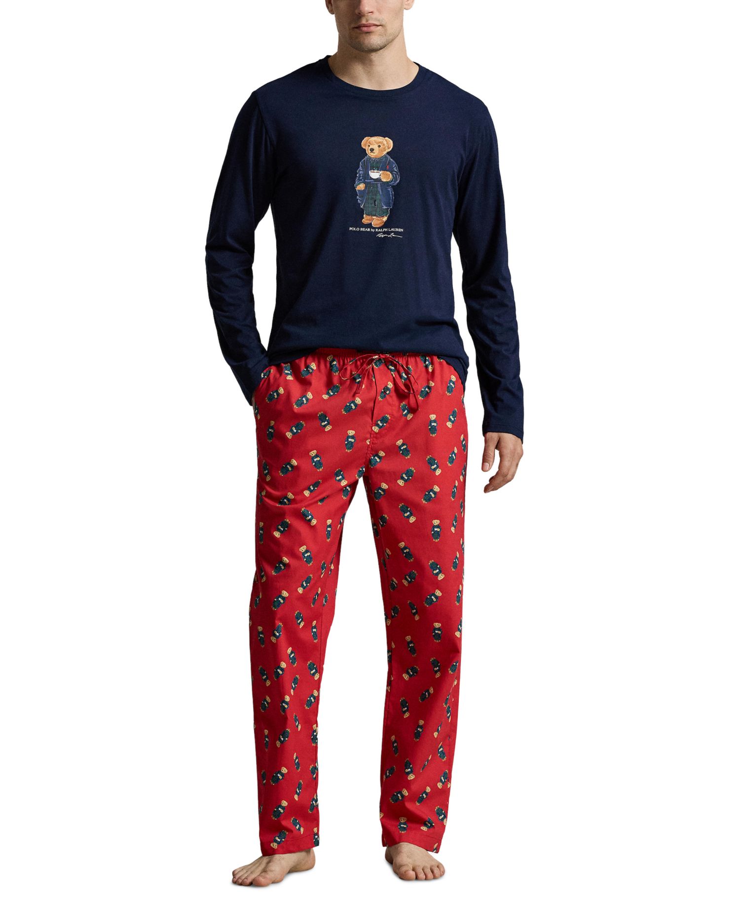 Men's Polo Bear Long-Sleeve Crewneck Cotton Top and Pants, 2-Piece Set