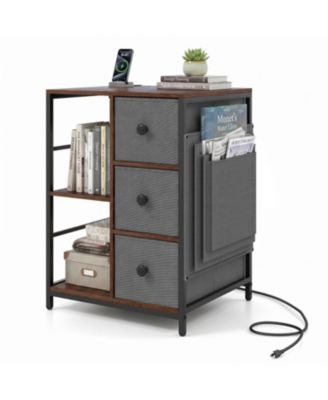 Side Table with Charging Station Industrial Nightstand with Open Shelves
