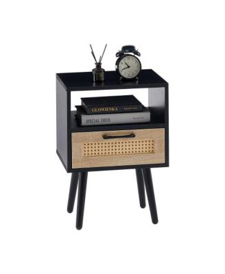 Rattan Nightstand with Drawer and Wood Legs