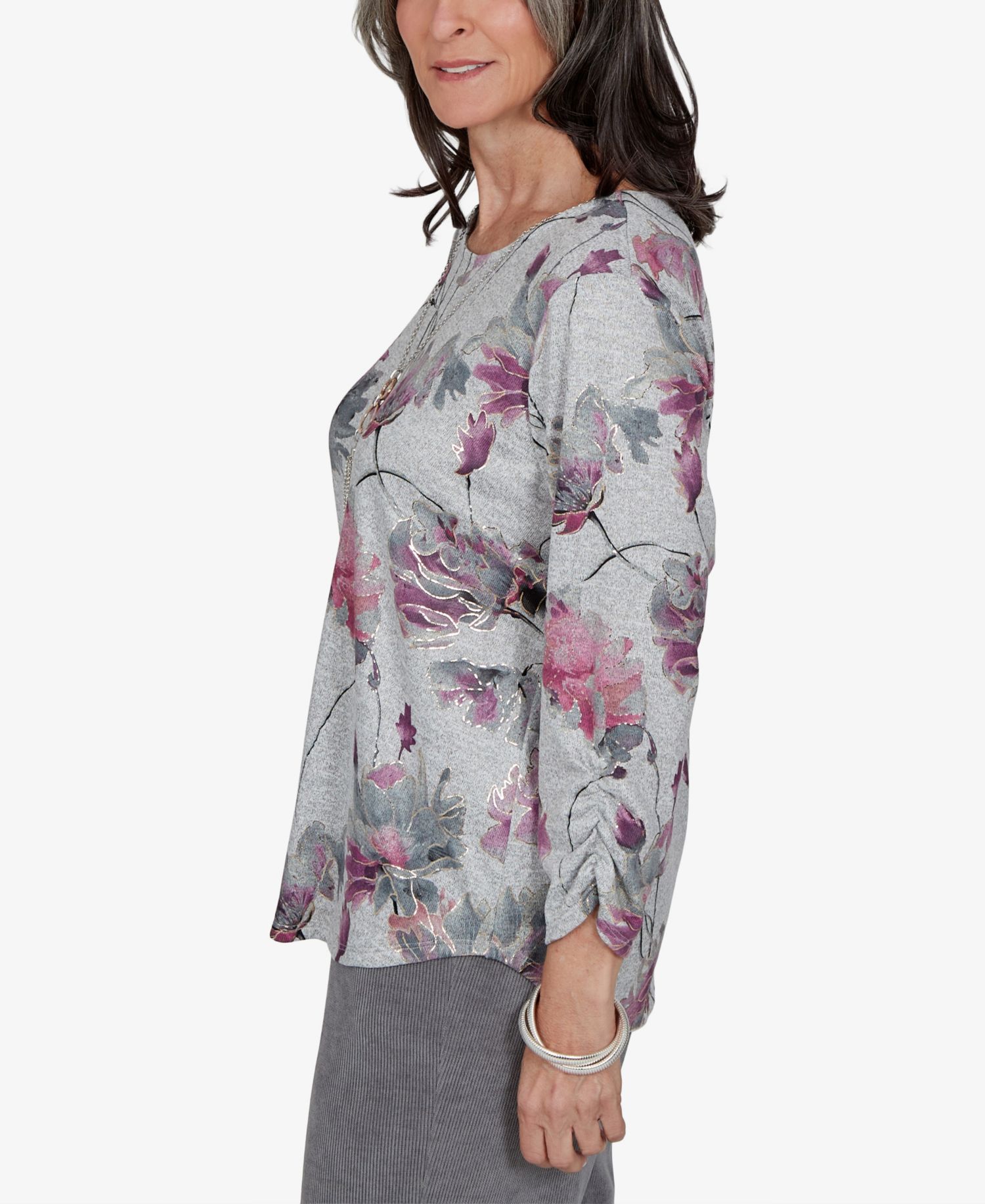 Petite Floral-Print 3/4-Sleeve Curved-Hem Blouse