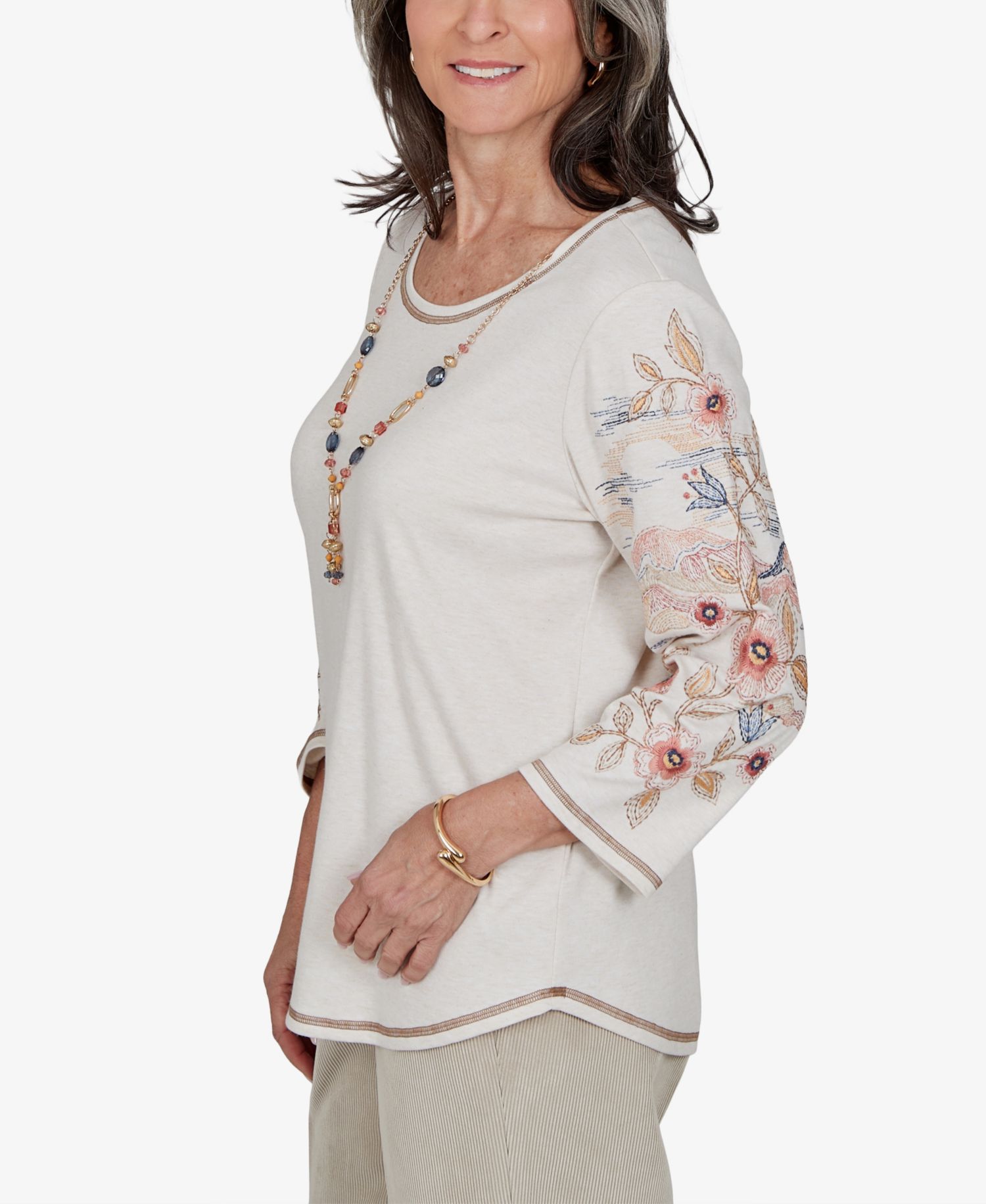Petite Crewneck 3/4-Sleeve Curved-Hem Blouse