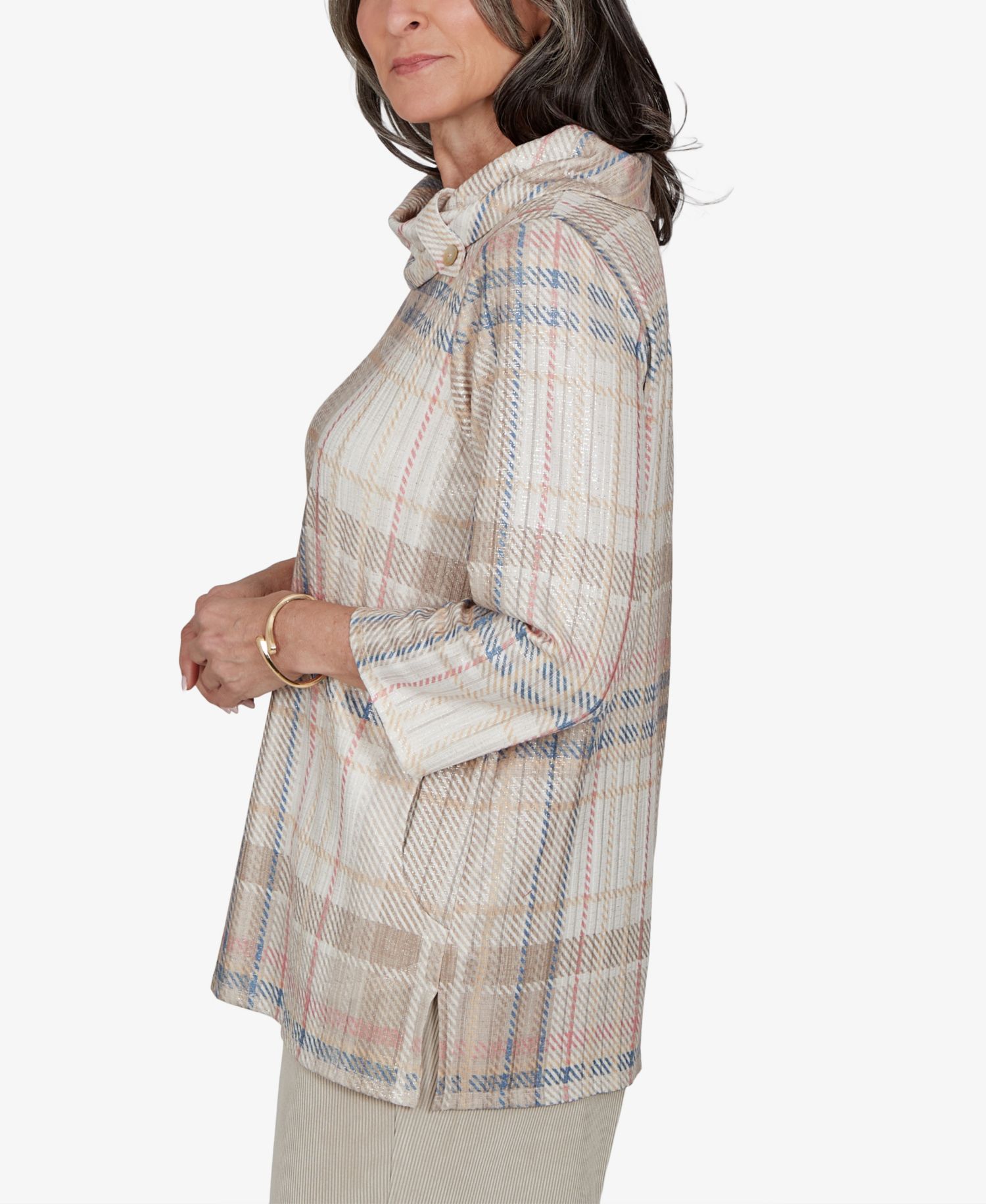 Petite Plaid Cowl Neck 3/4-Sleeve Tunic Top