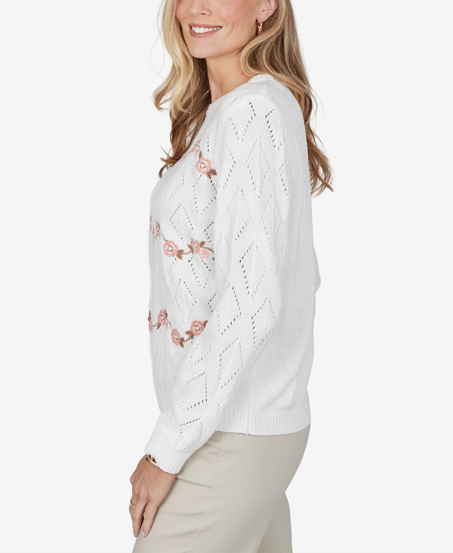 Petite Cable-Knit Floral-Embroidered Lightweight Sweater