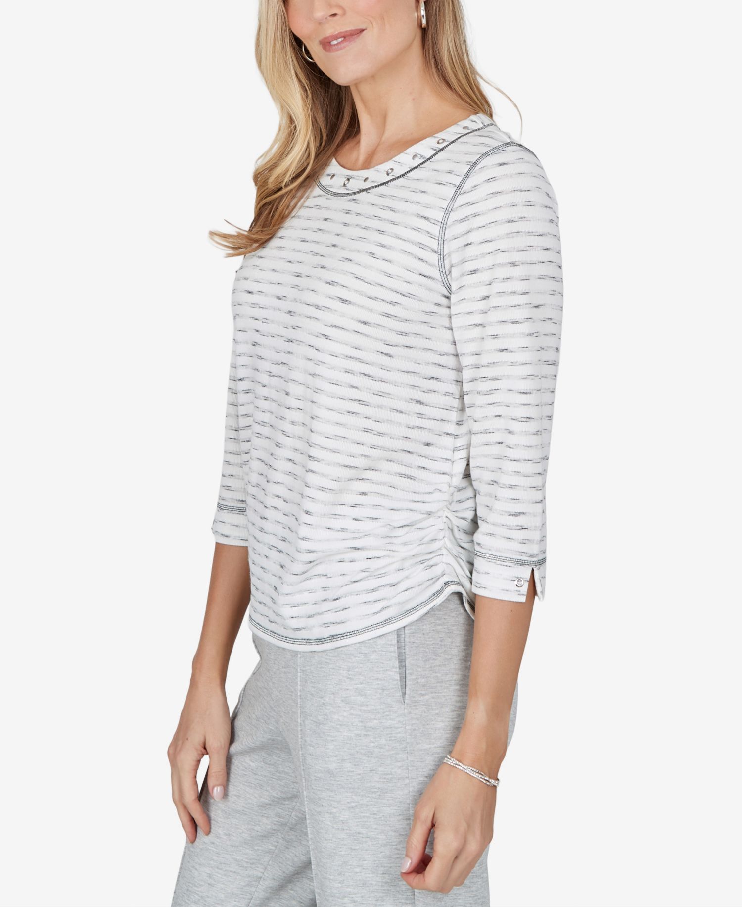 Petite Crewneck Ruched 3/4-Sleeve T-Shirt