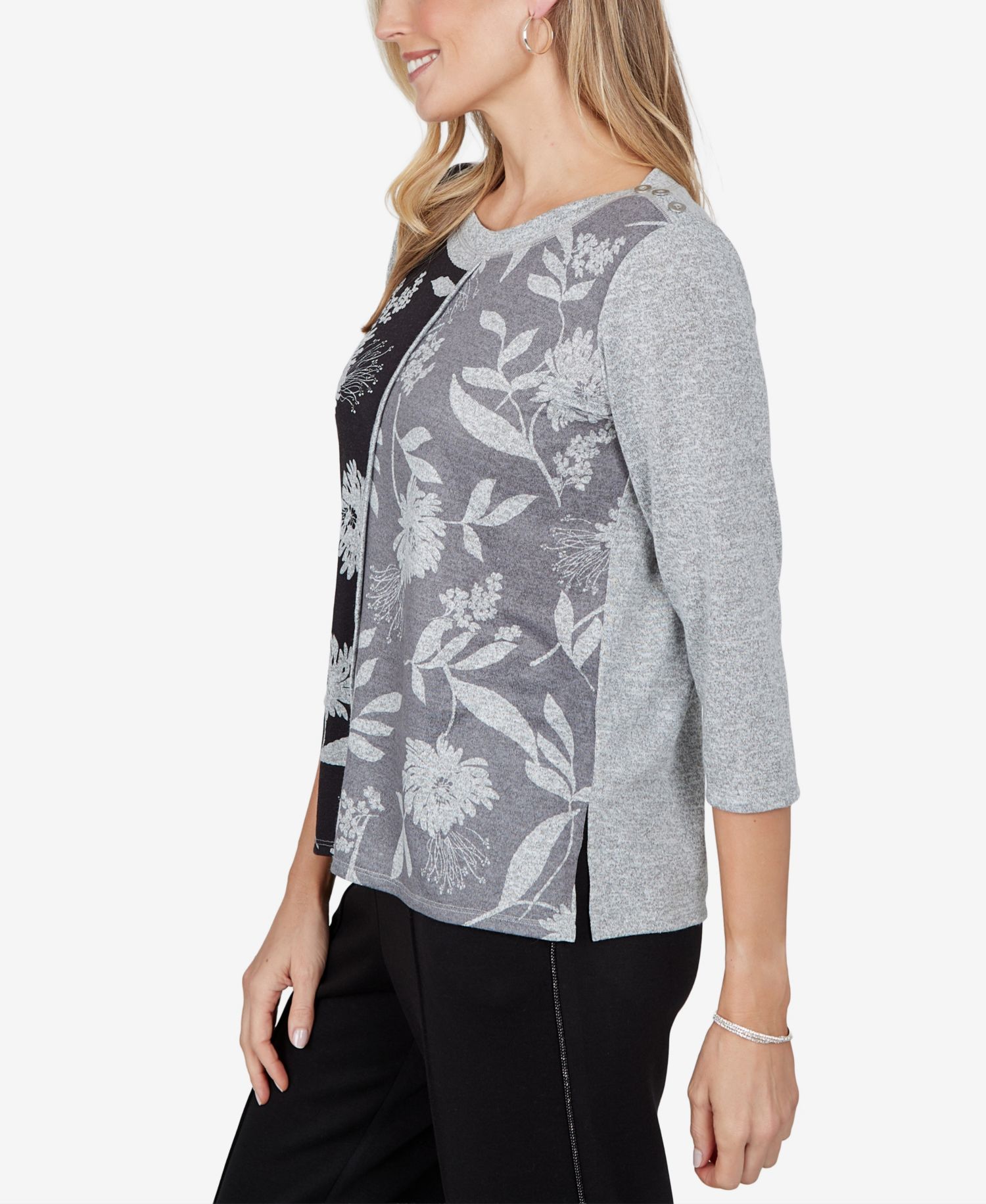 Petite Floral-Print Boat Neck Side Slit Blouse