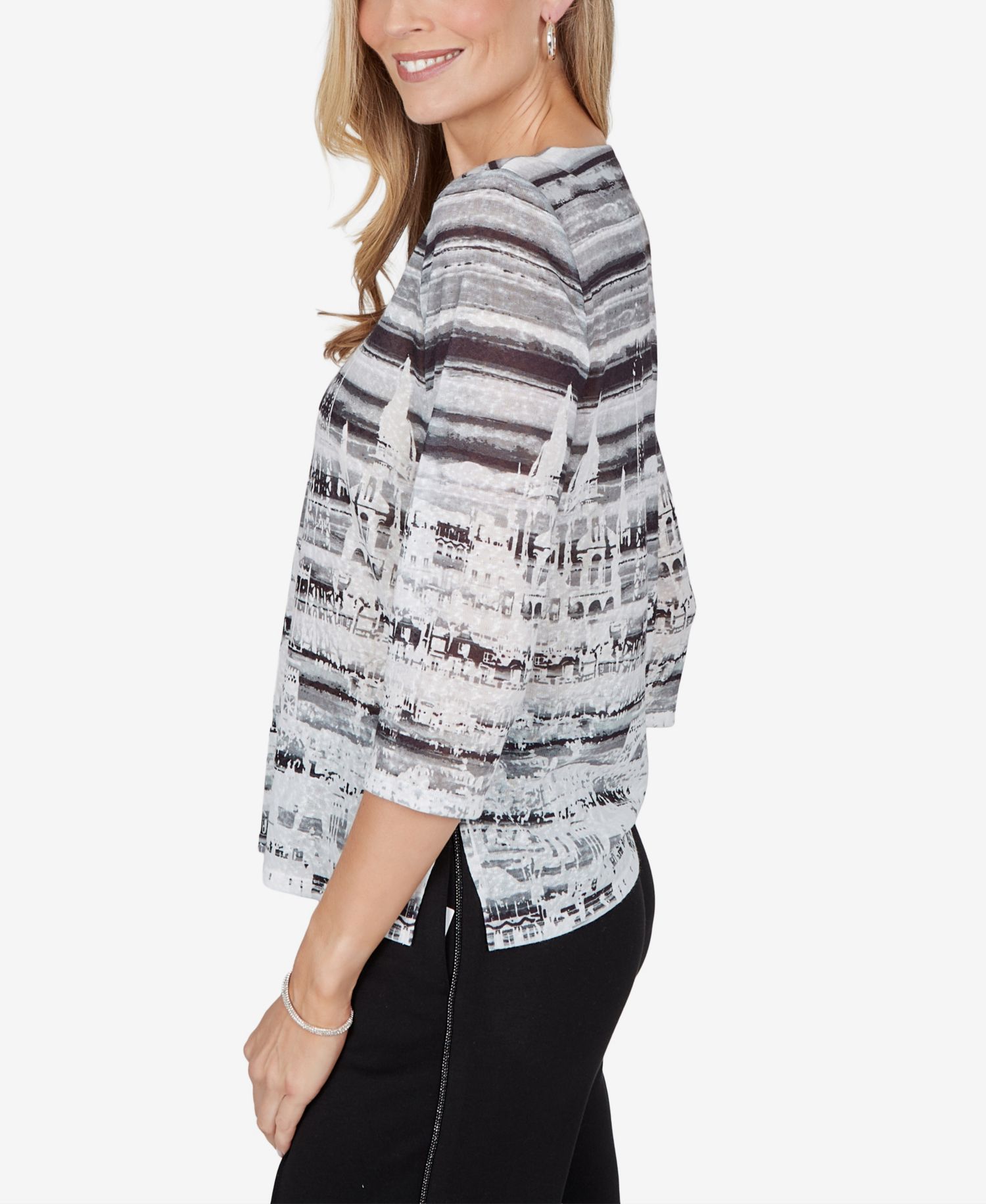 Petite 3/4-Sleeve Crewneck Side-Slit Blouse