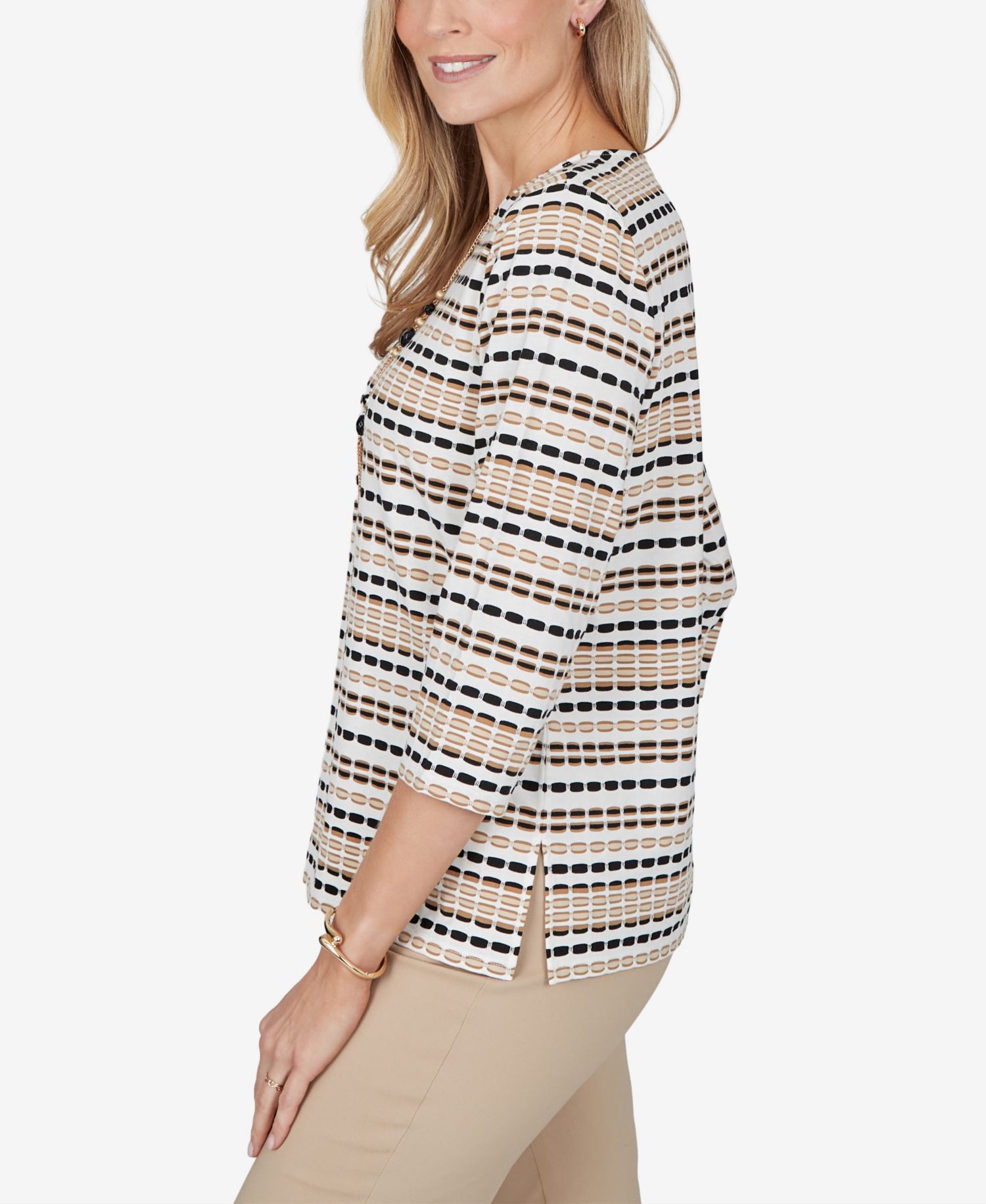 Petite 3/4-Sleeve Crewneck Stripe Blouse