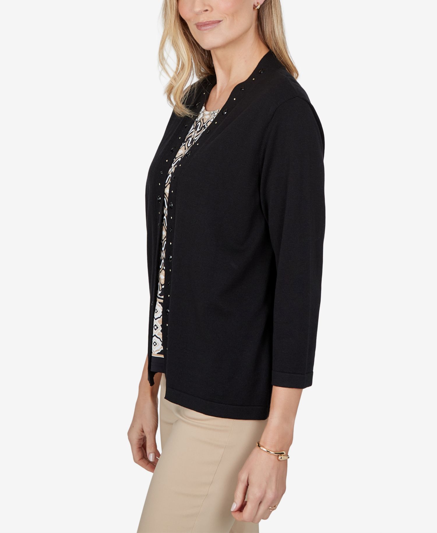 Petite Shawl-Collar Embellished 3/4-Sleeve Cardigan Sweater