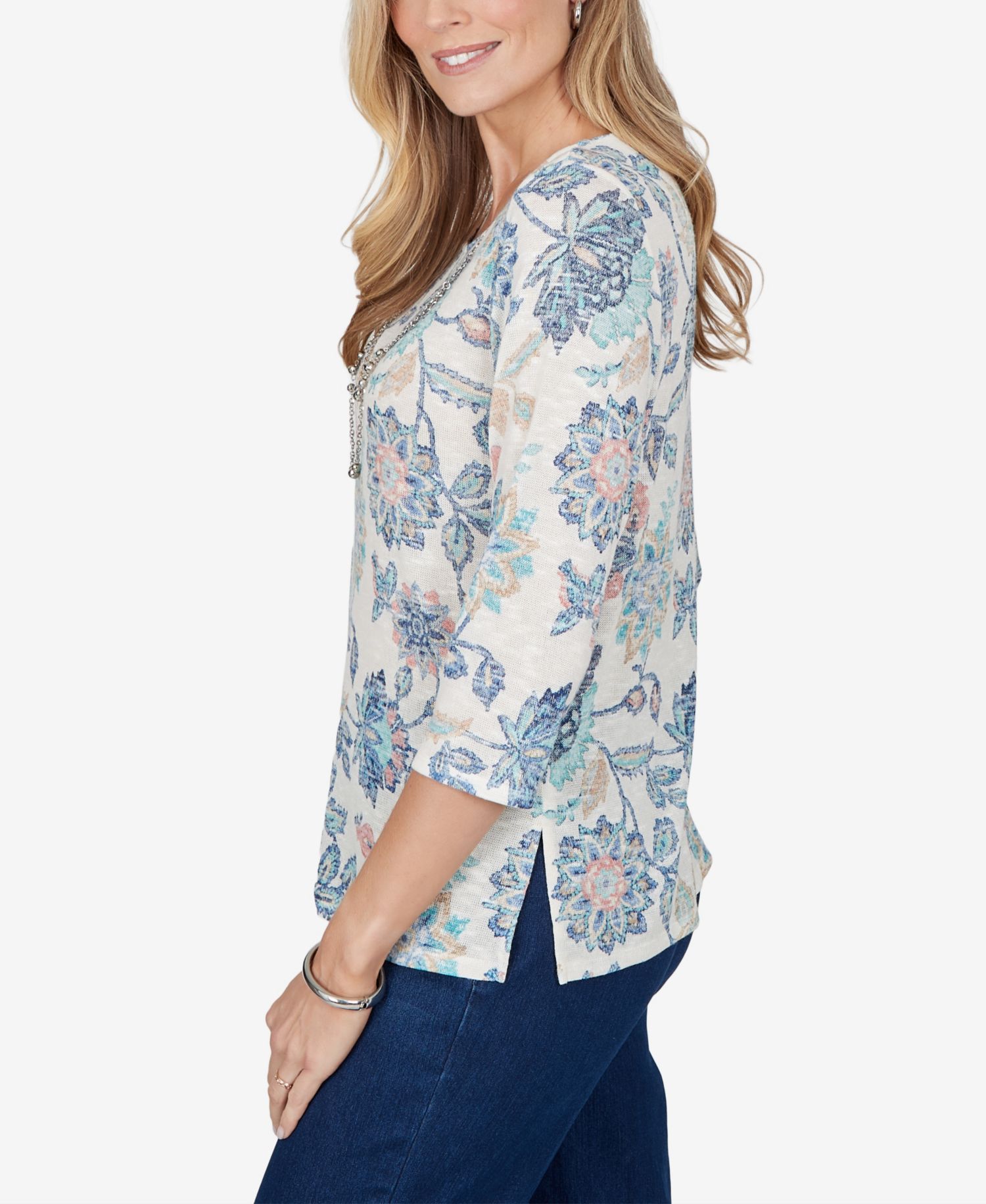 Petite Floral-Print 3/4-Sleeve Side-Slit Blouse