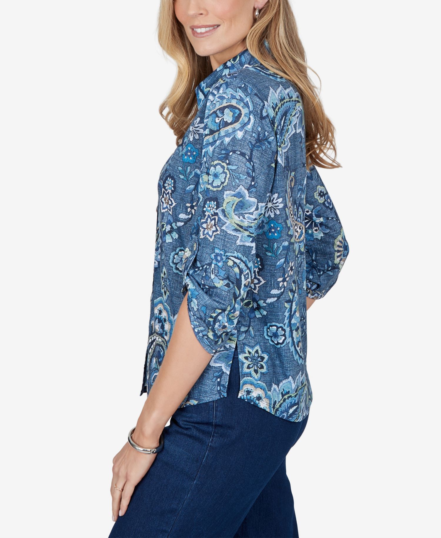 Petite Paisley 3/4-Sleeve Roll-Tab Top
