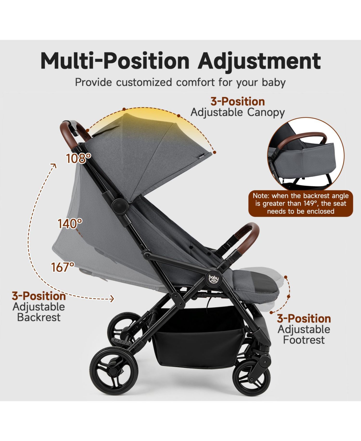 Lightweight Baby Stroller w/One-Hand Folding Adjustable Canopy Backrest Footrest