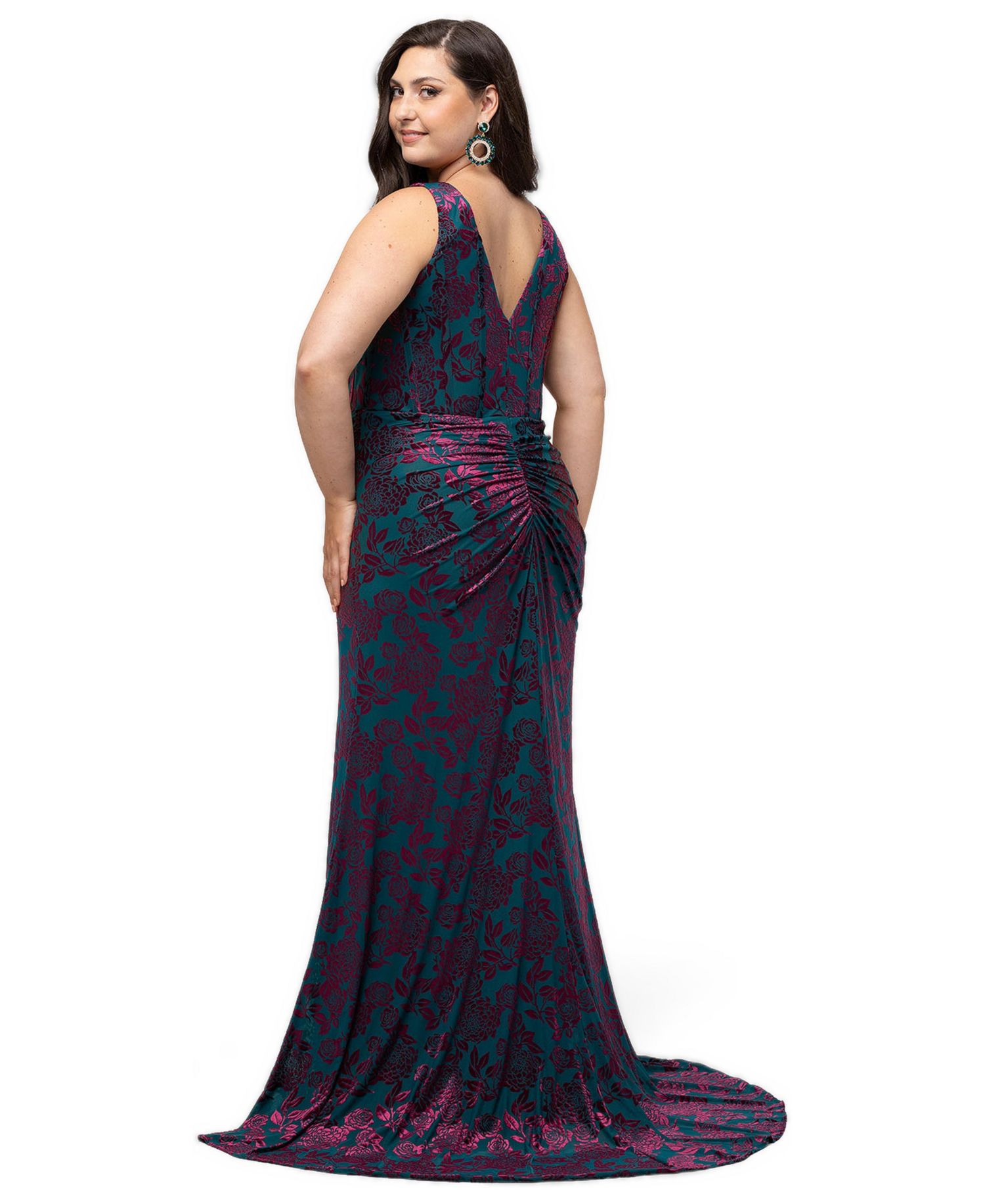 Plus Size Spellbound Velvet-Burnout Floral-Print Corset Bodice Gown