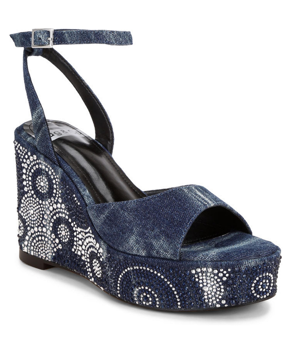 Rag and Co Women's Mandala Geometric Pattern Embellised Wedge Heels - Denim