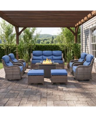 8-Piece Wicker Patio Conversation Set with Fire Pit Table, Swivel Rockers and 6-Inch Cushions for Outdoor Living