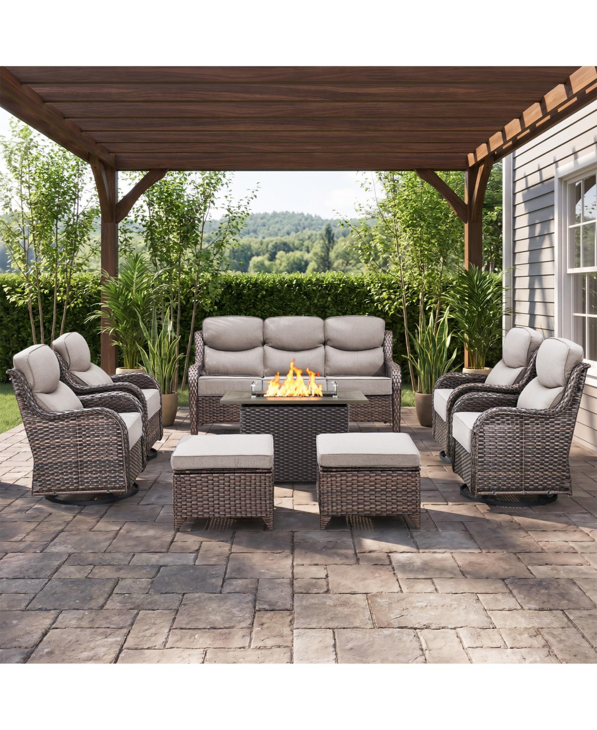 Pocassy 8-Piece Wicker Patio Conversation Set with Fire Pit Table, Swivel Rockers and 6-Inch Cushions for Outdoor Living