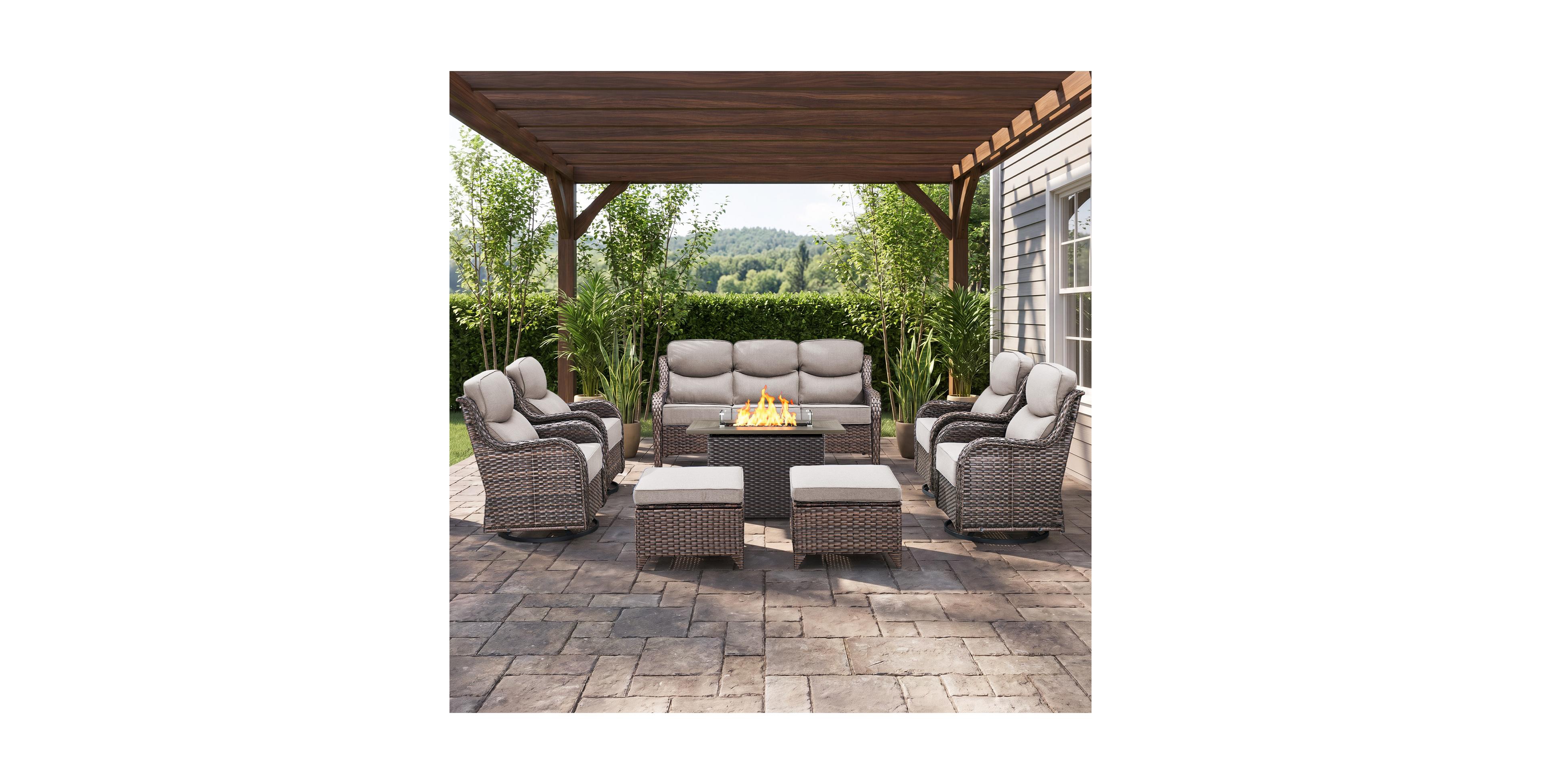 Pocassy 8-Piece Wicker Patio Conversation Set with Fire Pit Table, Swivel Rockers and 6-Inch Cushions for Outdoor Living