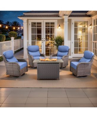 5-Piece Patio Swivel Rocker Chairs Set with 50,000 BTU Square Fire Pit Table, All-Weather Wicker Outdoor Furniture with 6" Thick Cushions