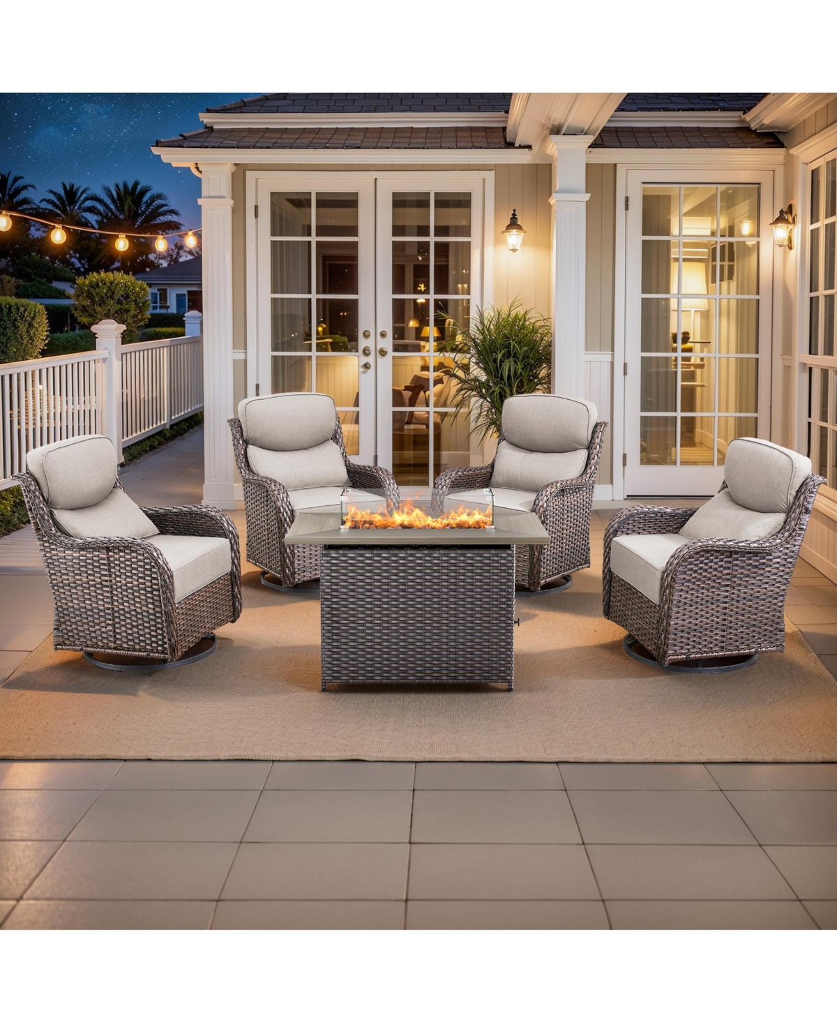 Pocassy 5-Piece Patio Swivel Rocker Chairs Set with 50,000 Btu Square Fire Pit Table, All-Weather Wicker Outdoor Furniture 6" Thick Cushions
